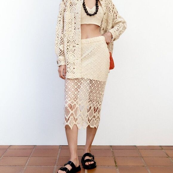 ZARA CROCHET STRAIGHT SKIRT ECRU - Picture 8 of 9